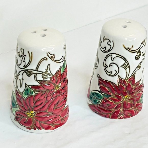In Home Style Red Floral Poinsettia Salt & Pepper Christmas Set - Picture 4 of 11